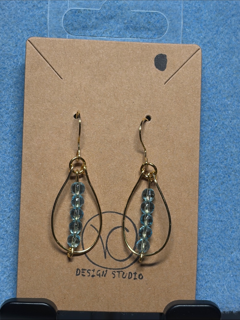 Gold Teardrop Earrings with Light Blue Beads